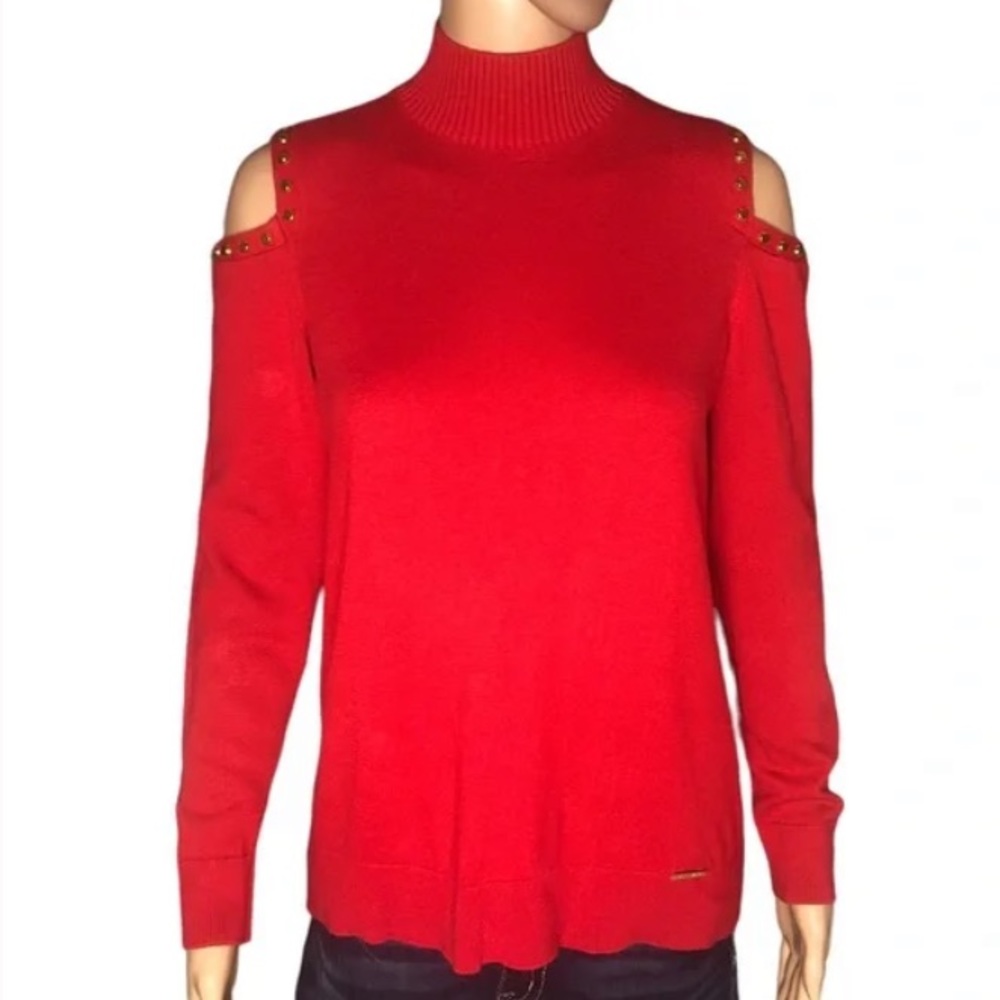Michael Kors Red Holiday gold studded mock-neck cold shoulder Sweater L luxury